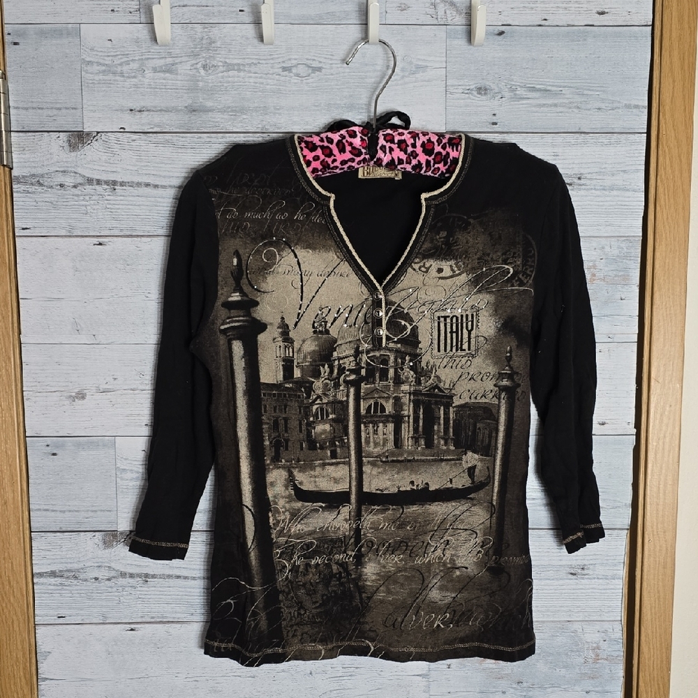 Y2K Blue Canyon Black Graphic Venice Italy Quarter Sleeve Shirt Size Medium